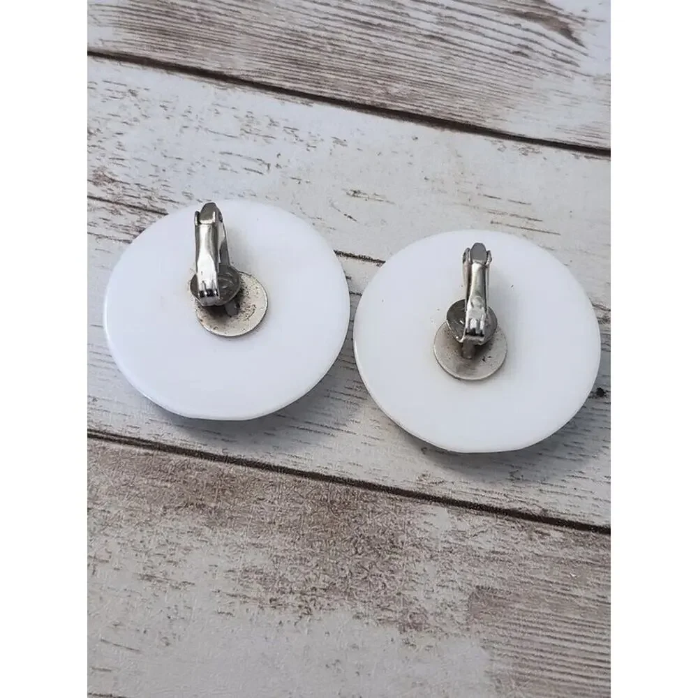 Vintage Clip On Earrings - Large White Patterned Circle - Statement